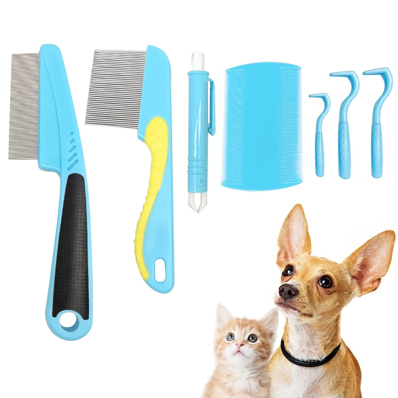 VidFair Tick Remover Set (7 Pcs), 3 Tick Hooks, 1 Tick Removal Tweezer Pen, 2 Flea Combs, 1 Double-sided Flea Comb, Tick Remover Kit for Dogs Cats Pets Human
