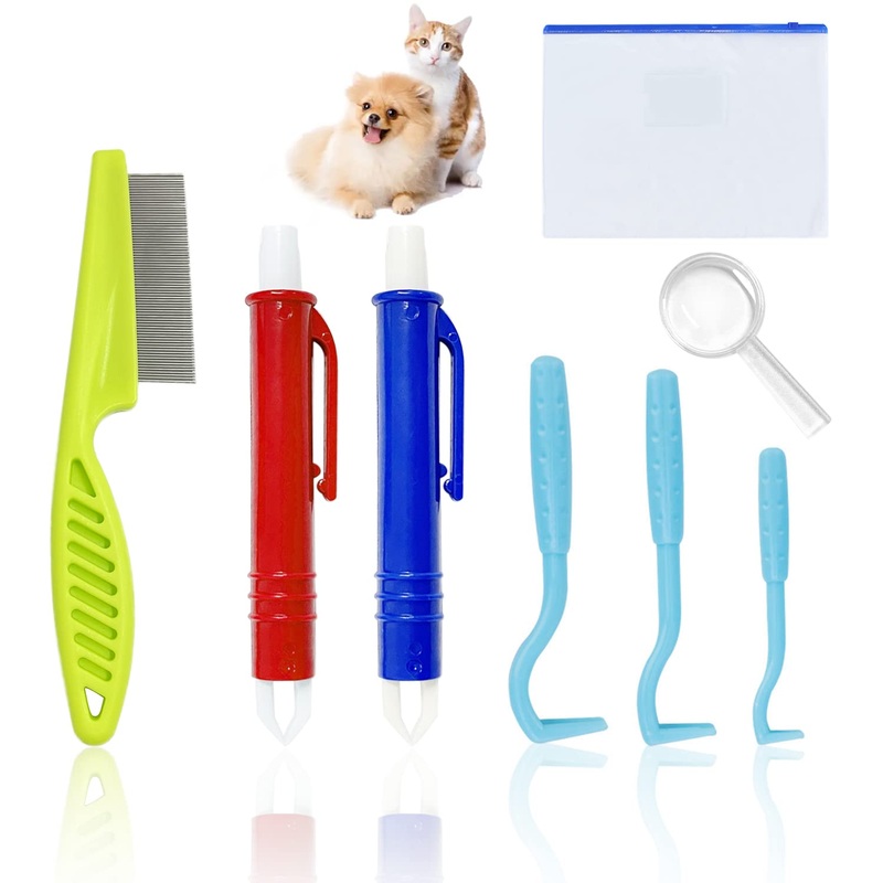 ZWZNBL 8 Piece Tick Removal Kit, Flea Removal Pen, Flea Clip, Tick Comb, Tick Removal, Tick Tool Storage Bag, Tick Removal for Dogs and Cats