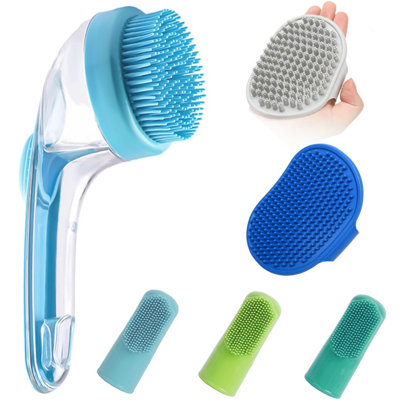 (6 Pcs) ELEGX Pet Grooming Bath Massage Brush with Soap and Shampoo Dispenser Soft Silicone Bristle for Long Short Haired Dogs Cats Shower Blue kit