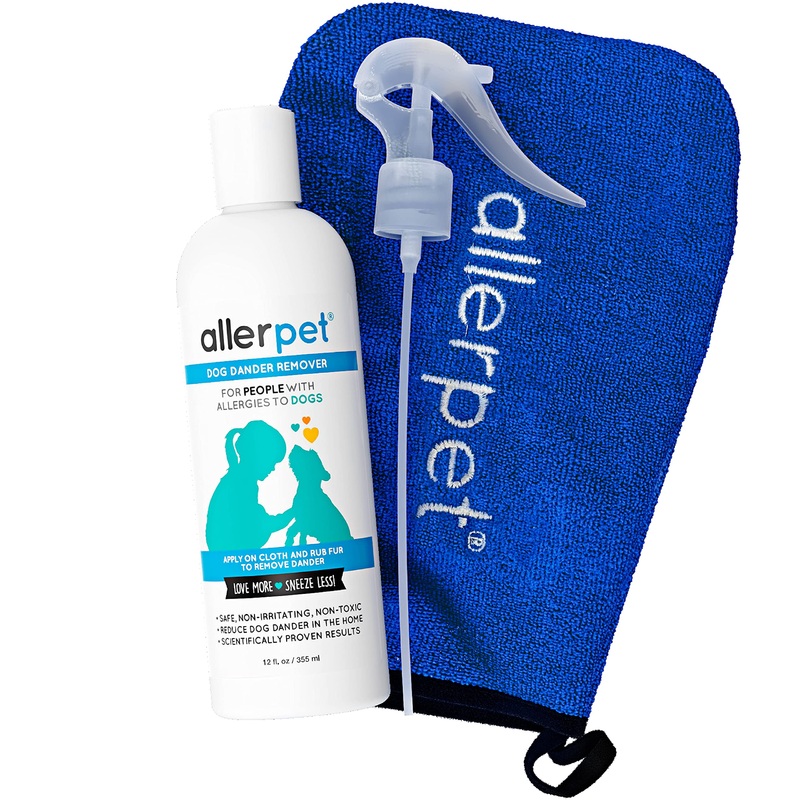Allerpet Dog Dander Remover w/Free Applicator Mitt & Sprayer – Best Pet Dander Remover for Allergens – for Canine Dry Skin Treatment – Good for Fur & Skin – (12oz) Single w/ Applicator Mitt + Sprayer
