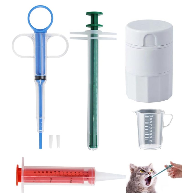 Cat Pill Shooter 5-in-1 Kit, Pet Pill Cutter and Crusher for Cats and Dogs, Dog Tablet Soft Tip Syringe and Medical Feeding Liquid Dispenser Tool with Plastic Measuring Cup 100ml