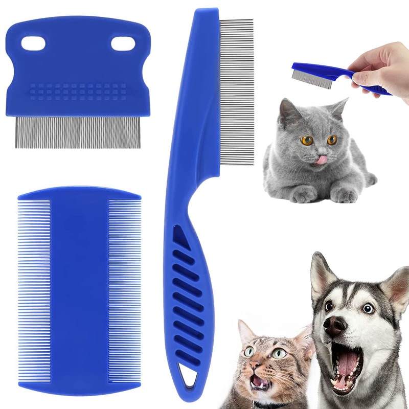 Dog Cat Lice Comb, 3 Pieces Pet Grooming Comb, Flea Tear Stain Remover Comb, Stainless Steel Metal Combs for Effective Against Fleas and Lice, Dogs Cats Grooming Tool (Blue)