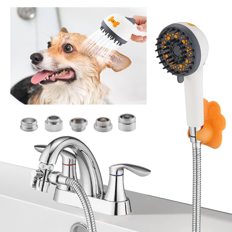 Dog Shower Attachment to Bathroom, Bathtub, Kitchen& Utility Laundry Faucet Washing, High Pressure Pet Wash Cleaning Sprayer with Bath Brush, 4ft Hose, Shower Holder, Sink or Indoor Handheld White-Black