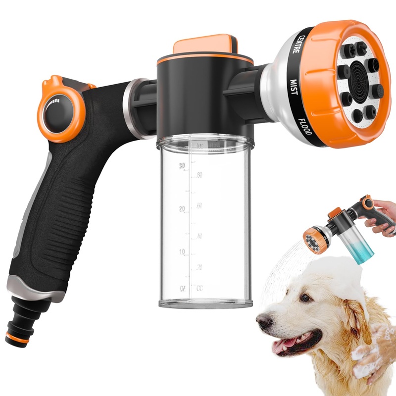 Dog Shower Attachment,Upgrade 8-in-1 Mode Dog Shampoo Sprayer with 3.5oz 100cc Soap Dispenser,for Pet Washing Irrigated Lawn Patio Car Cleaning