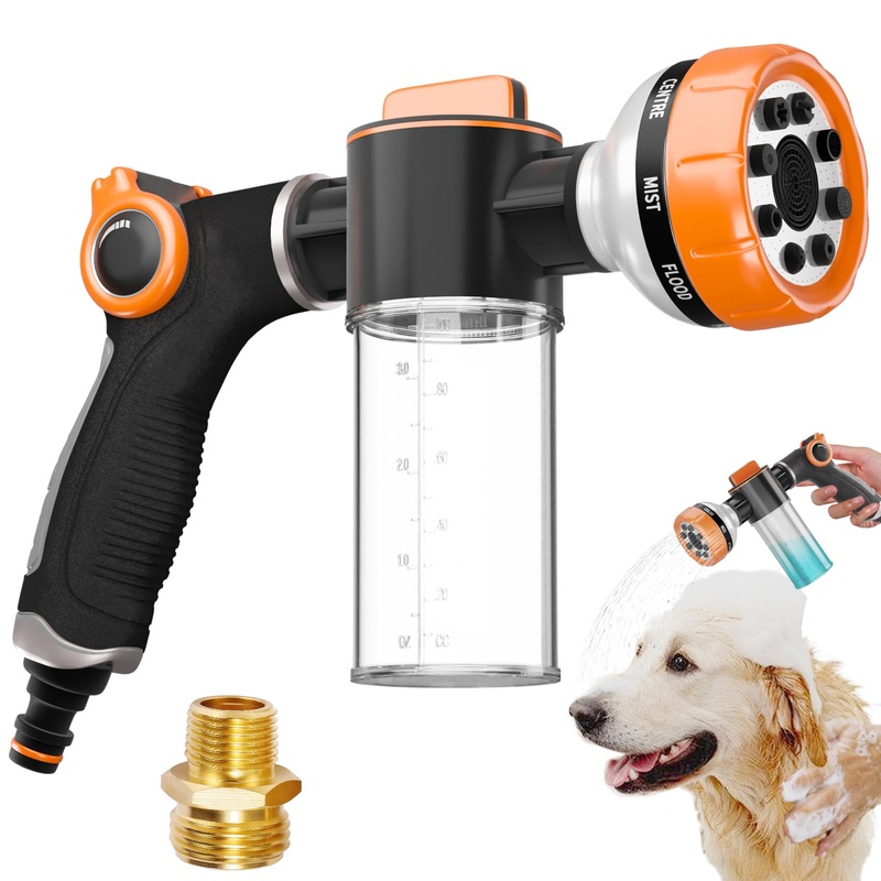 Dog Shower Attachment,Upgrade 8-in-1 Mode Dog Washing Hose Attachment with 3.5oz 100cc Soap Dispenser, Replacement Hose Adapter for Pet Washing Irrigated Lawn Patio Car Cleaning