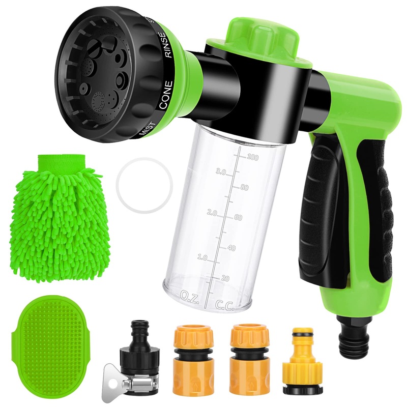 Dog Wash Hose Attachment 7 Pieces Pet Bathing Tool Set Include Hose Nozzle Foam Sprayer with Connectors, Dog Rubber Comb Brush and Wash Mitt, for Showering Pet, Car Wash and Watering Plants Green