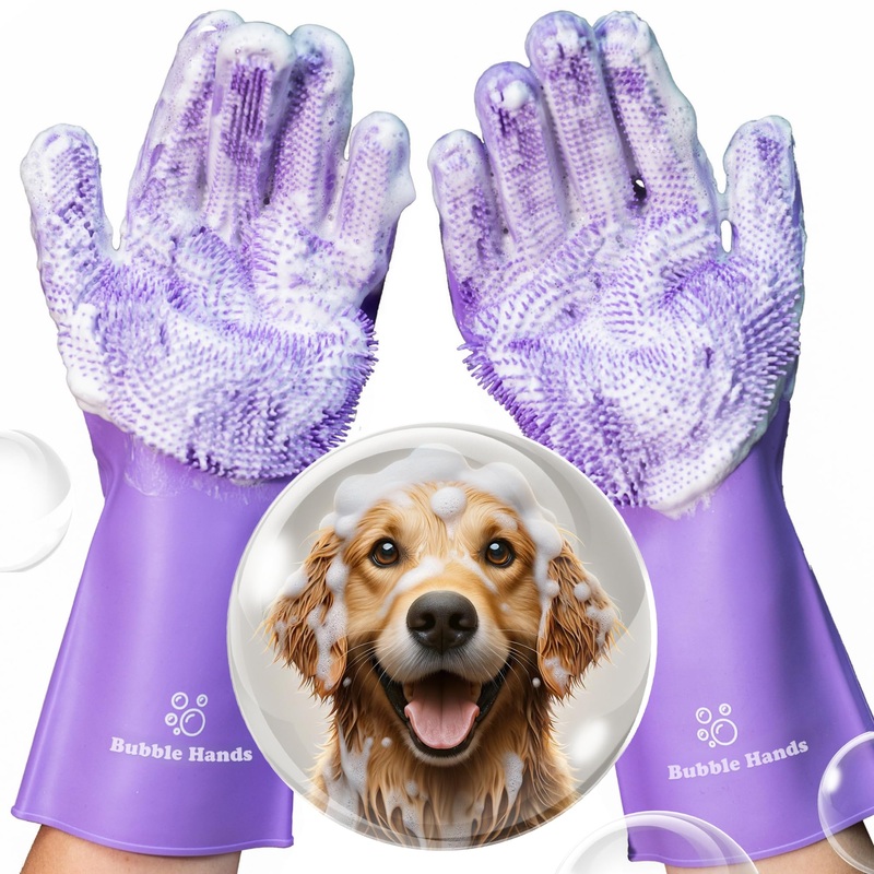 Dog Washing Gloves with Bristle Scrubbers, Reusable Silicone Gloves ideal for Pet Bathing, Massaging & Grooming (Purple) Purple