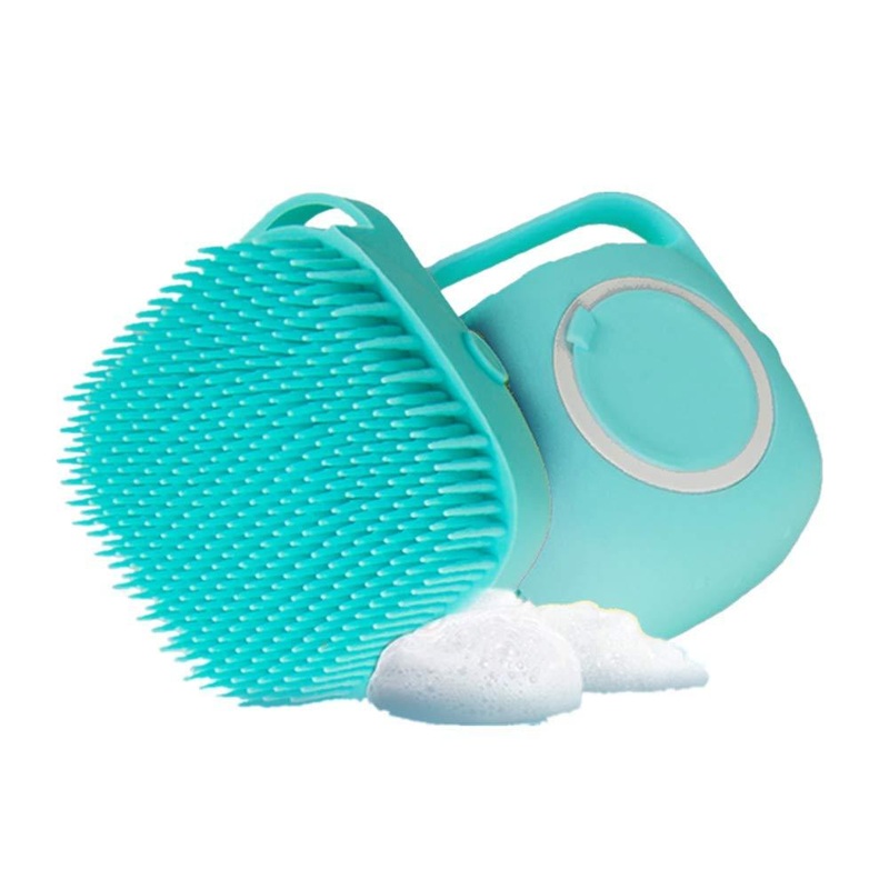 MISTHIS Dog Bath Brush, Pet Massage BrushShampoo Dispenser, Soft Silicone Brush Rubber Bristle for Dogs and Cats Shower Grooming Blue