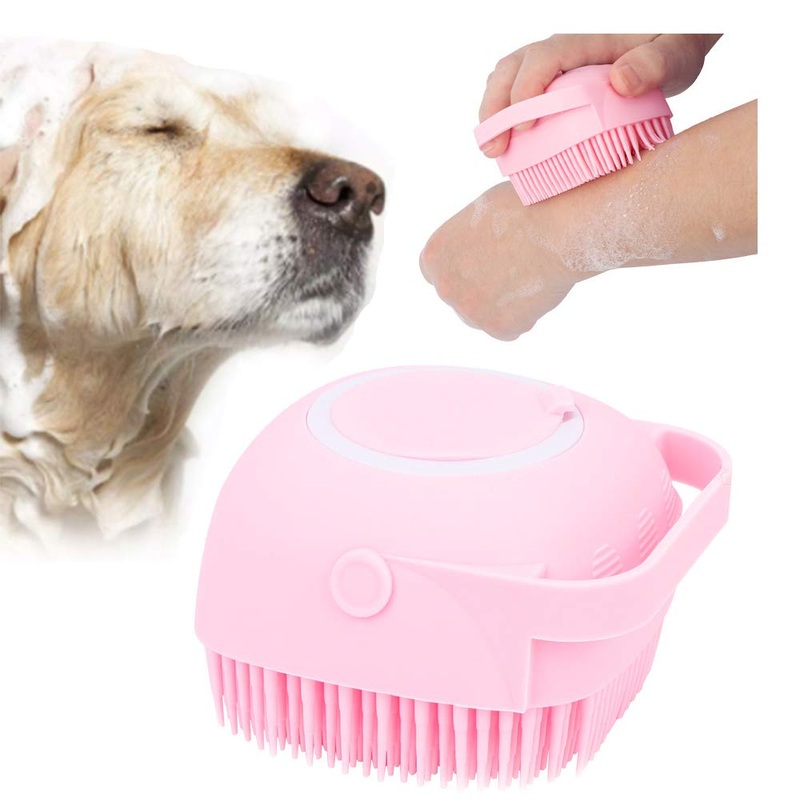 NganSuRong Pet Dog Bath Brush Pet SPA Massage Rubber Comb Soft Silicone Puppy Cats Shower Hair Fur Grooming Cleaning Scrubber With Shampoo Soap Storage (Pink)