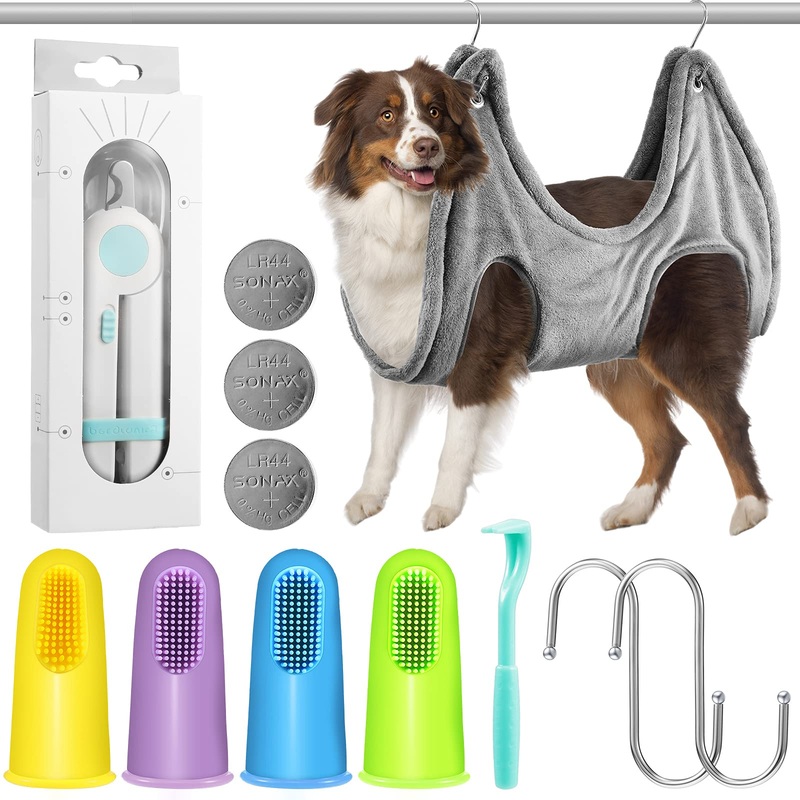 Pet Grooming Hammock Harness Drying Towel PET Supplies Kit Dog Grooming Sling Cat Dog Led Light Nail Clipper 4 Pieces Cat and Dog Finger Toothbrushes Removal Tool for Dogs Cats Pets