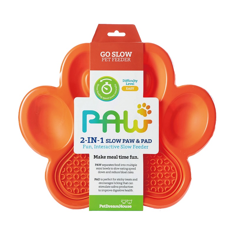 PetDreamHouse PAW 2-in-1 Slow Feeder Interactive Bowl with Removable Lick Mat – Orange