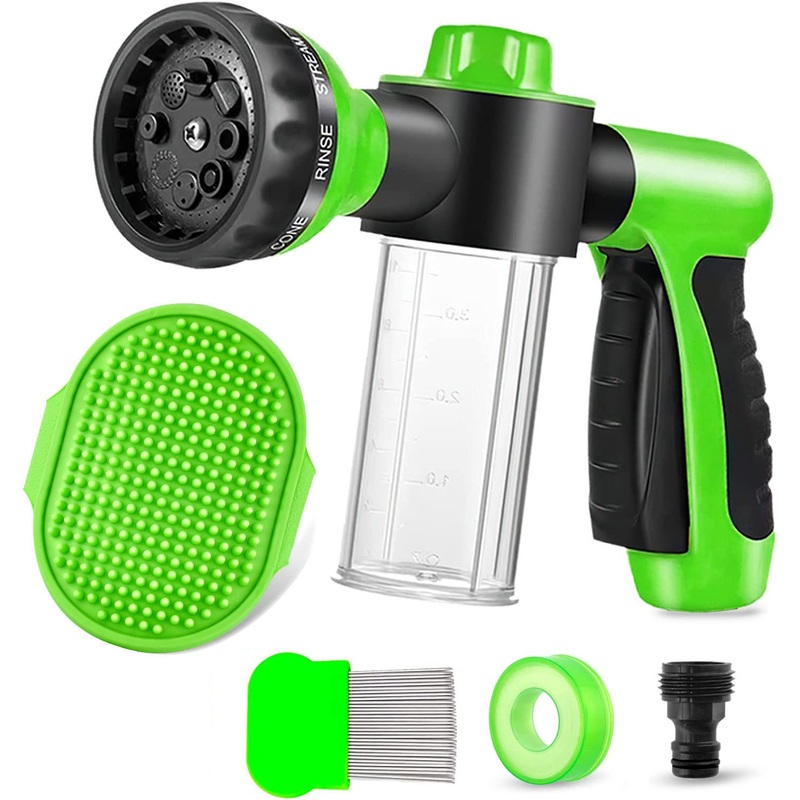 Pup Jet Dog Wash Outdoor, 8-in-1 Dog Sprayer Hose Attachment with Dog Shower Brush and Pet Grooming Comb, 3/4 Inch Standard Garden Hose Nozzle for Watering Flowers, Car Washing, Pet Bathing(Green) Green