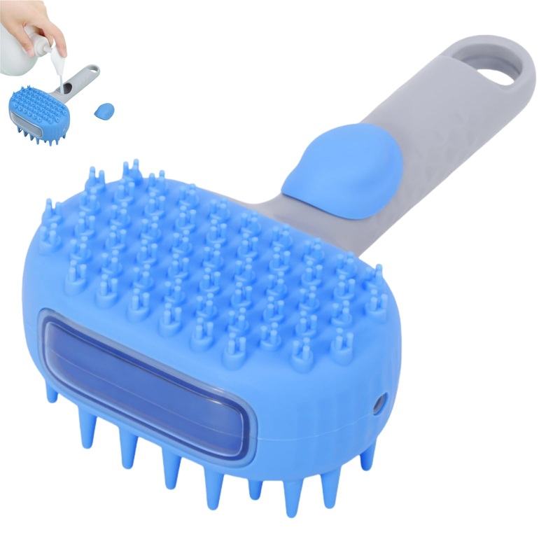 QMEAKMONY Dog Bath Brush Shampoo Brush Scrubber for Bath with Soap Dispenser Soft Bristles Deep Cleaning Ergonomic Handle for Grooming Shedding and Long Short Haired Dogs (Blue) Blue