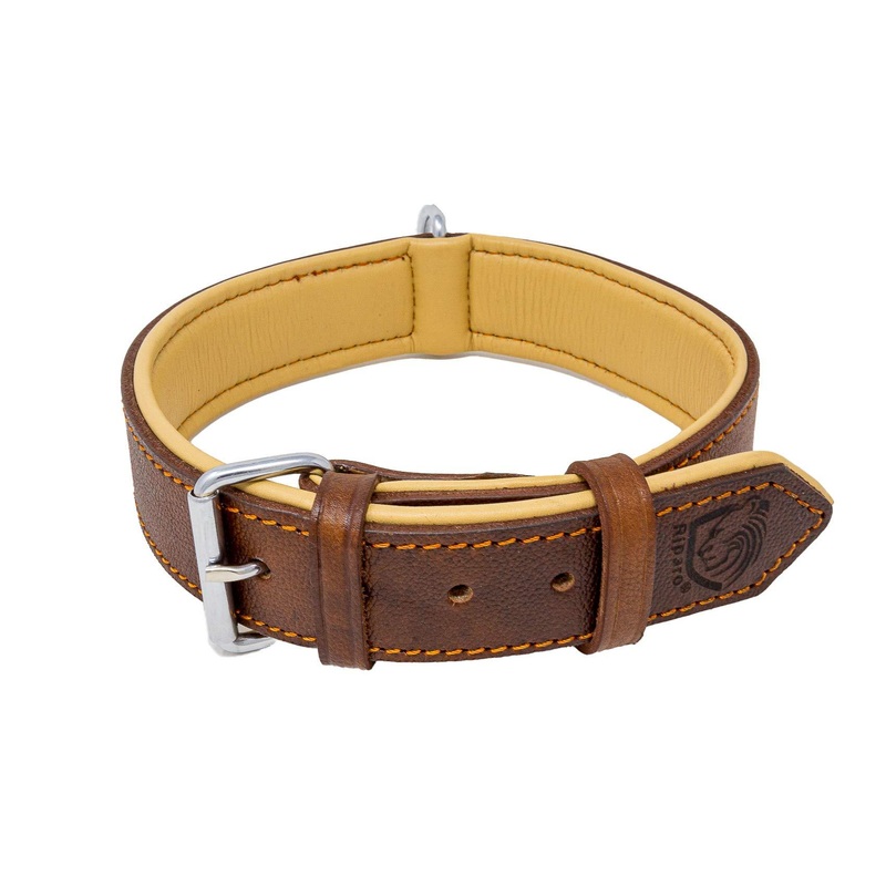 Riparo Genuine Leather Padded Dog Heavy Duty K-9 Adjustable Collar L: 3.8CM Wide for 45.7CM – 53.3CM Neck Brown