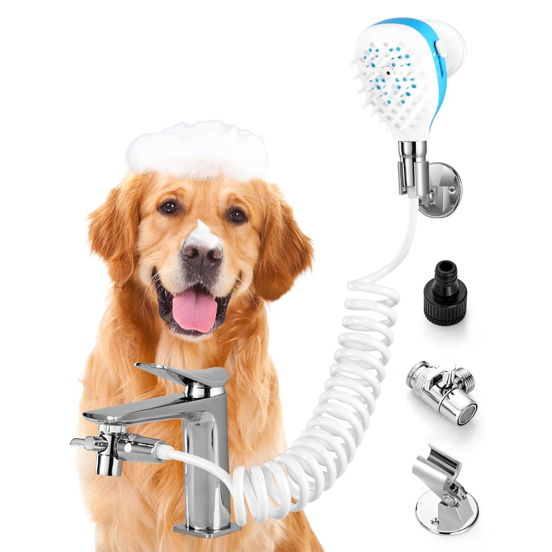 Sink Faucet Dog Shower Attachment – 2-in-1 Dog Shower Head, Bath Sprayer & Soap Dispenser, Pet Bath Brush, 79″ Dog Bathing Hose Shower Set for Tub Faucet, Indoor & Outdoor Blue