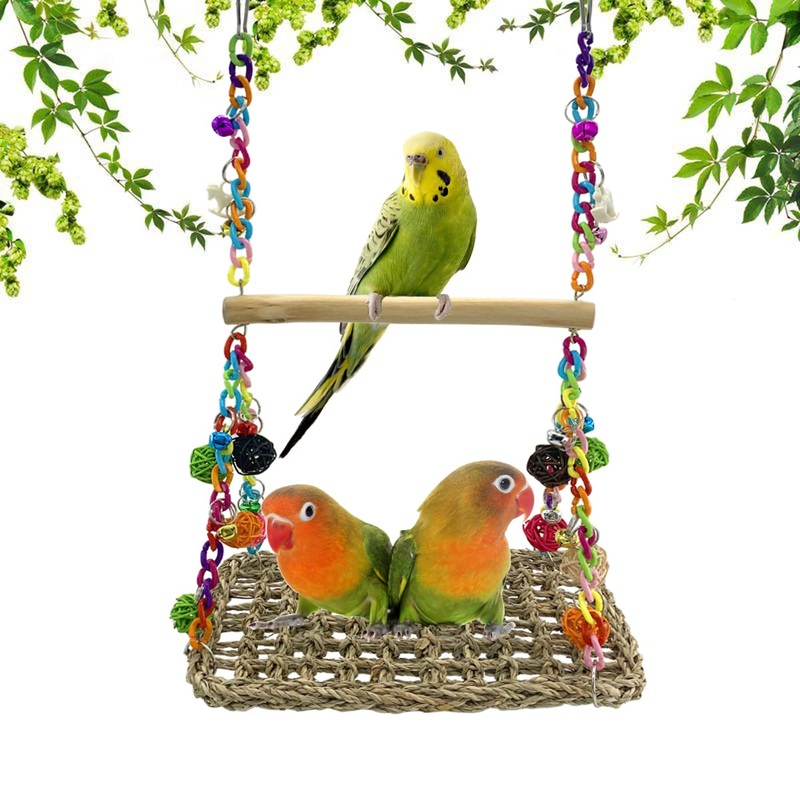 Vehomy Bird Seagrass Swing Toys with Wood Perch Bird Parrot Trapeze Swing Seagrass Bird Climbing Hammock Bird Perch Stand Chewing Toy for Lovebird, Cockatiel, Budgie, Conure Parrotlet, Parakeets