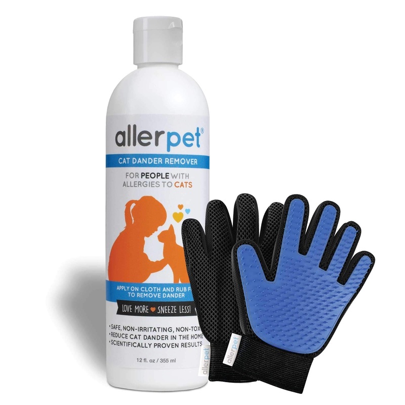 Allerpet Cat Dander Remover w/Free Pair of Grooming Gloves – Effective Cat Allergy Relief, Anti Allergen Solution Made in USA – (12oz)