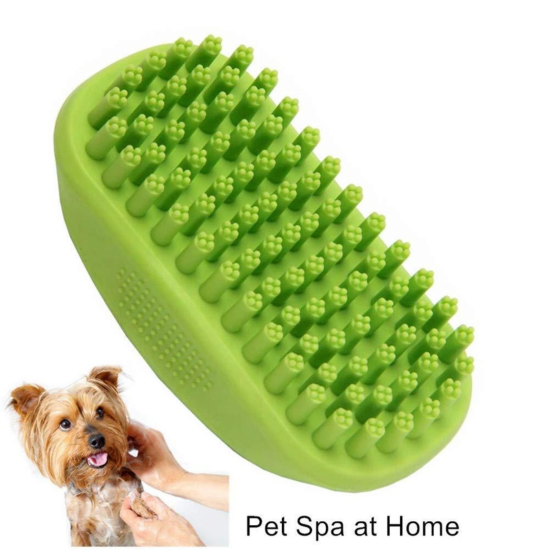 BOSSTTOS Comfortable Bath & Massage Pet Brush Great Grooming Tool for Shampooing and Massaging Dogs and Cats with Short or Long Hair – Soft Rubber Bristle Comb Gently Removes Loose & Shed Fur Green