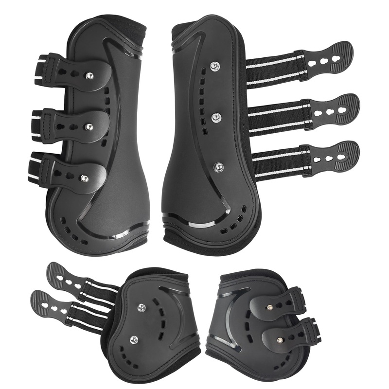 Horse Tendon Boots, Fetlock Boots & Open Front Boots for Jumping, Set of 4, Horse Protection Leg Guard, Black, Horse Size Large
