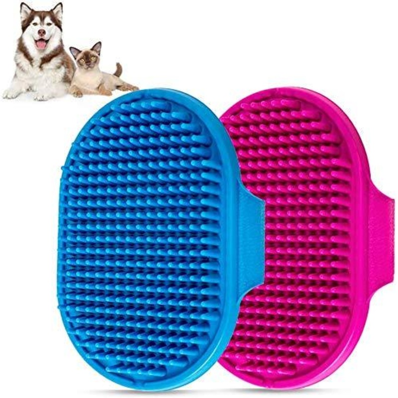 Pet Bath Brush for Dogs Cats ,YMCCOOL Pet Grooming Shampoo Brush 2pcs Soothing Massage Rubber Comb with Adjustable Ring Handle for Long Short Haired Dogs and Cats (Blue +Rose) bule + rose