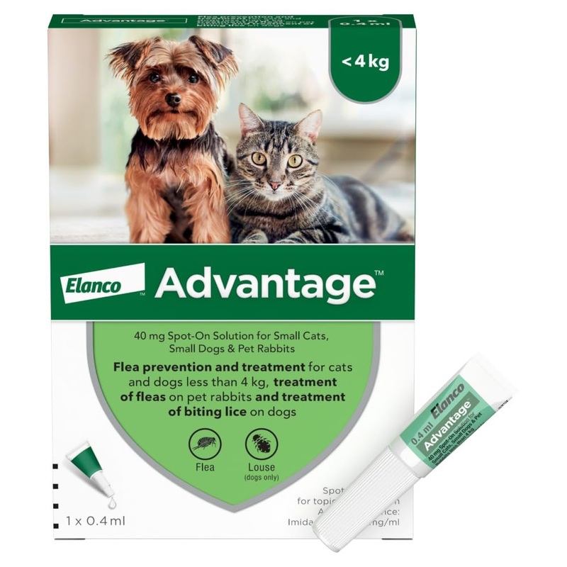 Advantage 40 Flea Spot On Treatment For Dogs, Cats & Rabbits 1 Pipette 0.4ml <4kg