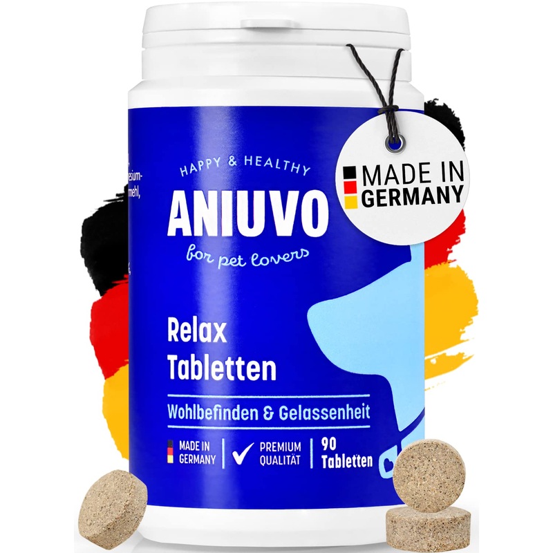 ANIUVO Relaxation Tablets [90 pieces] Natural sedative for dogs with valerian, hemp powder, taiga root & magnesium gluconate – dog sedative for stress & anxiety – Made in Germany 90 tablets