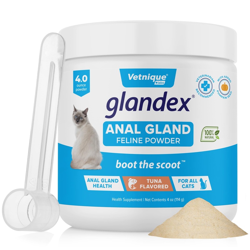 Glandex Feline Anal Gland Fiber Supplement Powder for Cats with Digestive Enzyme, Probiotics and Pumpkin, Vet Recommended for Healthy Bowels – Tuna Flavored 4.0 oz, Scoop Included