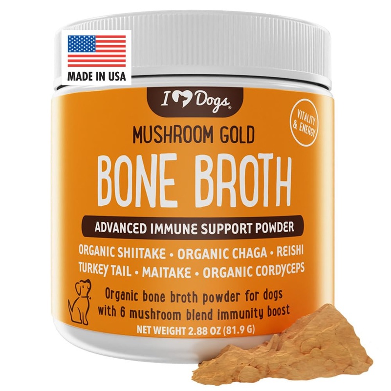 iHeartDogs Bone Broth for Dogs – Bone Broth & Mushroom Gold Powder Supplement for Immune System Support, Improved Mobility & Flexibility and Natural Detox – Turkey Tail Mushroom for Dogs