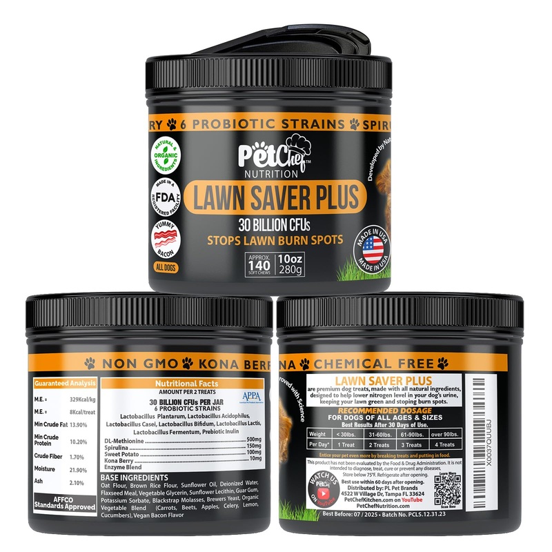 Pet Chef Lawn Saver Plus! – Dog Urine Neutralizer for Lawn, Grass Saver Soft Chews, Green Grass Dog Chews, Prevents Lawn Burn from Dog Urine, Repair & Prevent Damage to Green Plants from Dog Pee. Bacon