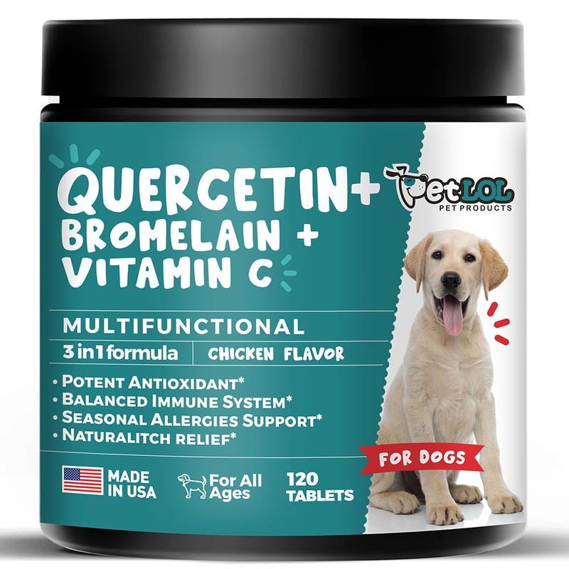 Quercetin for Dogs with Bromelain and Vitamin C | 3-in-1 Supplement for Dog Allergies, Immune Support, Itch Relief, Promote Inflammatory Relief & Antioxidant Activity | 120 Chewable Tablets