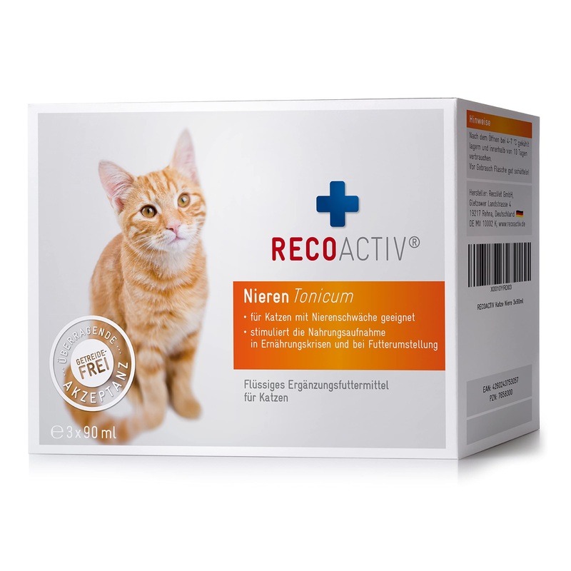 RECOACTIV kidney tonic for cats, for signs of kidney dysfunction, in convalescence and for prophylaxis. High-quality protein, appetite-stimulating supplementary feed 3 x 90 ml 3 x 90ml