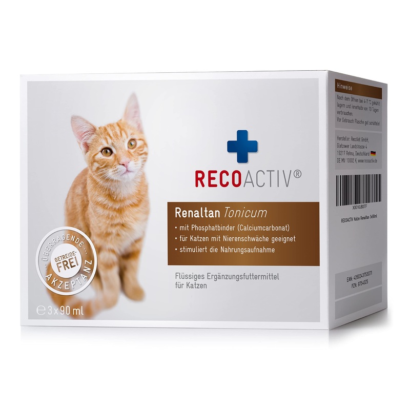 RECOACTIV Renaltan Tonicum for cats, 3 x 90 ml, with phosphate binder to reduce phosphate absorption from food and support kidney function, supplementary feed