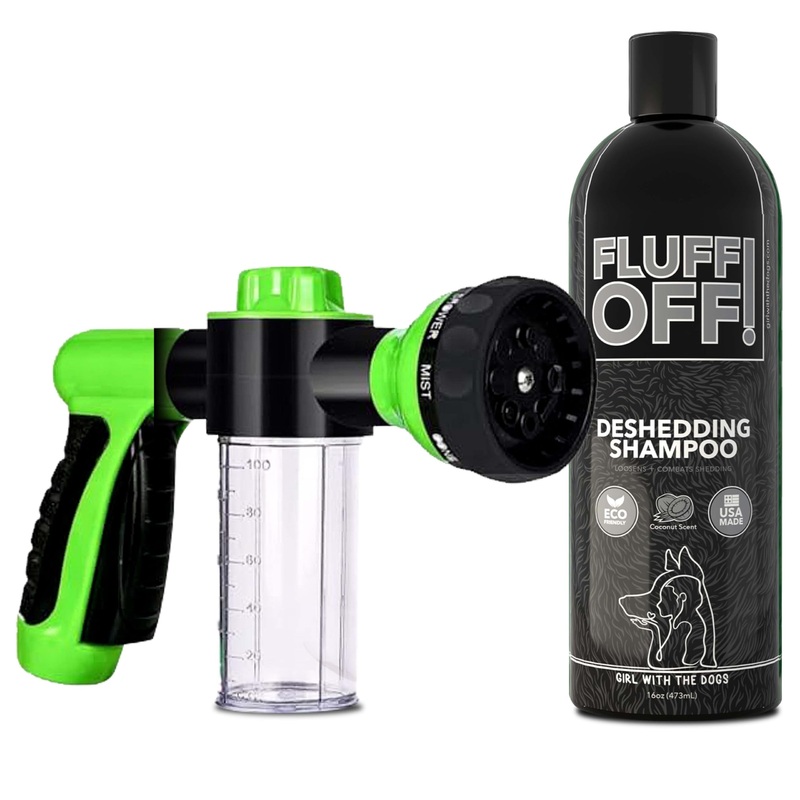 Soap Dispensing Pet Wash Sprayer Nozzle and FLUFF OFF! by Girl With The Dogs, Natural Deshedding Dog & Cat Shampoo 16 oz