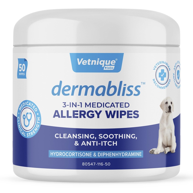 Vetnique Dermabliss 3-in-1 Medicated Dog Wipes – Relief for Itchy Skin, Allergies & Odor Control, Gentle No-Sting Formula, Antihistamine & Hydrocortisone Paw Wipes for Dogs & Cats 50ct