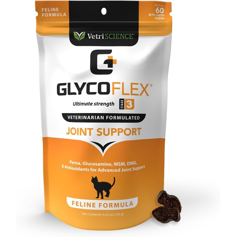 VetriScience GlycoFlex 3, Clinically Proven Joint Support Cat Supplements – Hip and Joint Health Supplement with Glucosamine, MSM, Green Lipped Mussel & DMG – 60 Chews, Chicken Flavor