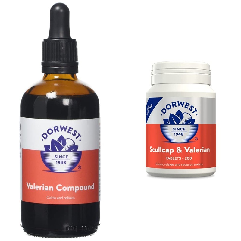 Dorwest Valerian Compound for Dogs and Cats, 100ml & Scullcap & Valerian Calming Tablets for Dogs and Cats, 200 Tablets, Non-Drowsy, Light Yellow Tablet, 14DOR017 + Scullcap & Valerian