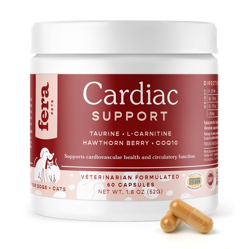 FERA Cardiac Support Supplement for Dogs Cats, Taurine, L-Carnitine, CoQ10, Organic Hawthorn Berry, Vitamin E, Promotes Cardiovascular Heart Health, Healthy Circulation 60 capsules