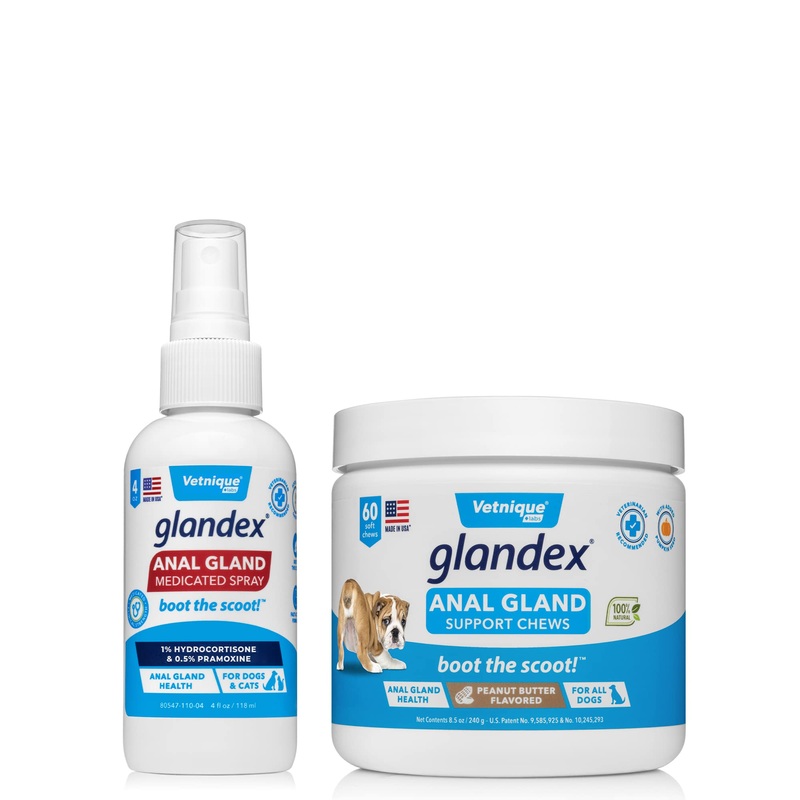 Glandex Anal Gland Medicated Spray for Dogs & Cats (4oz) and Glandex Anal Gland Support Chews 60 Ct Bundle Dog Deodorizing Spray & Anti-Itch Spray for Dogs, Anal Gland Dog Treats with Probiotics