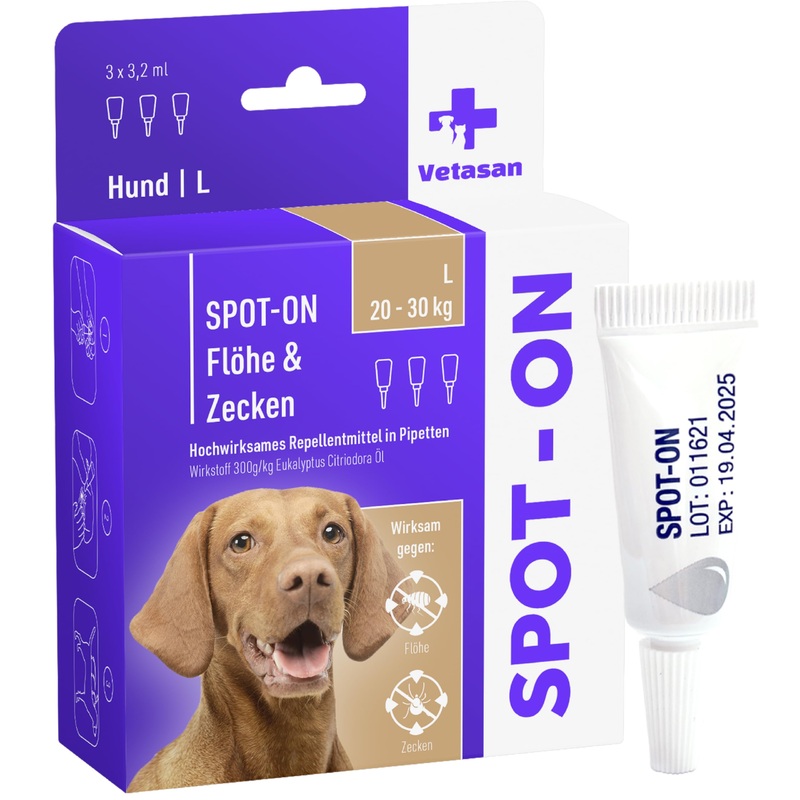 Vetasan Spot-ON for dogs 20-30kg (L) | against fleas & ticks | 3 months protection | HIGHLY EFFECTIVE | Tick repellent for dogs tick protection | Dog flea treatment 20-30 kg (L)