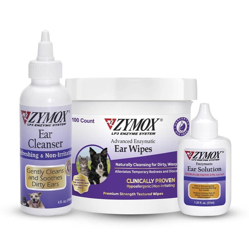 Zymox Enzymatic Ear Solution for Dogs and Cats, Ear Wipes, & Ear Cleanser – Product Bundle – for Dirty, Waxy, Smelly Ears and to Soothe Ear Infections
