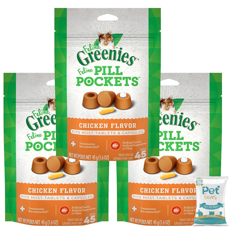 ( 3 Pack) Feline GREENIES Pill Pockets for Cats Natural Soft Cat Treats, Chicken 1.6 oz. (45 Treats Each) with 10ct Pet Wipes