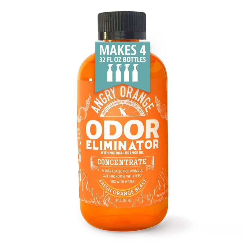 Angry Orange Pet Odor Eliminator for Home – 8oz Dog and Cat Pee Smell Remover for Carpet, Grass, Tile and Furniture – Citrus Concentrate, Makes 128oz of Liquid Fresh Orange Scent