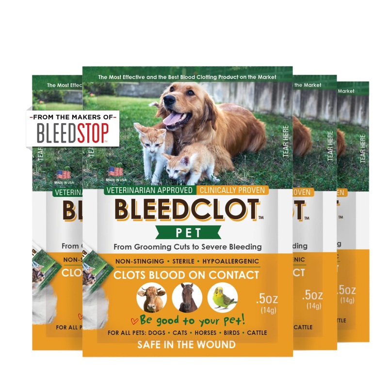 BleedClot Pet First Aid Blood Clotting Powder | The Best for All Animals to Stop Bleeding, Guaranteed | for Minor Cuts and Severe Arterial Bleeding | from The Makers of BleedStop (4 Pouches (0.5 oz)) Pet 4 Pack .5 oz