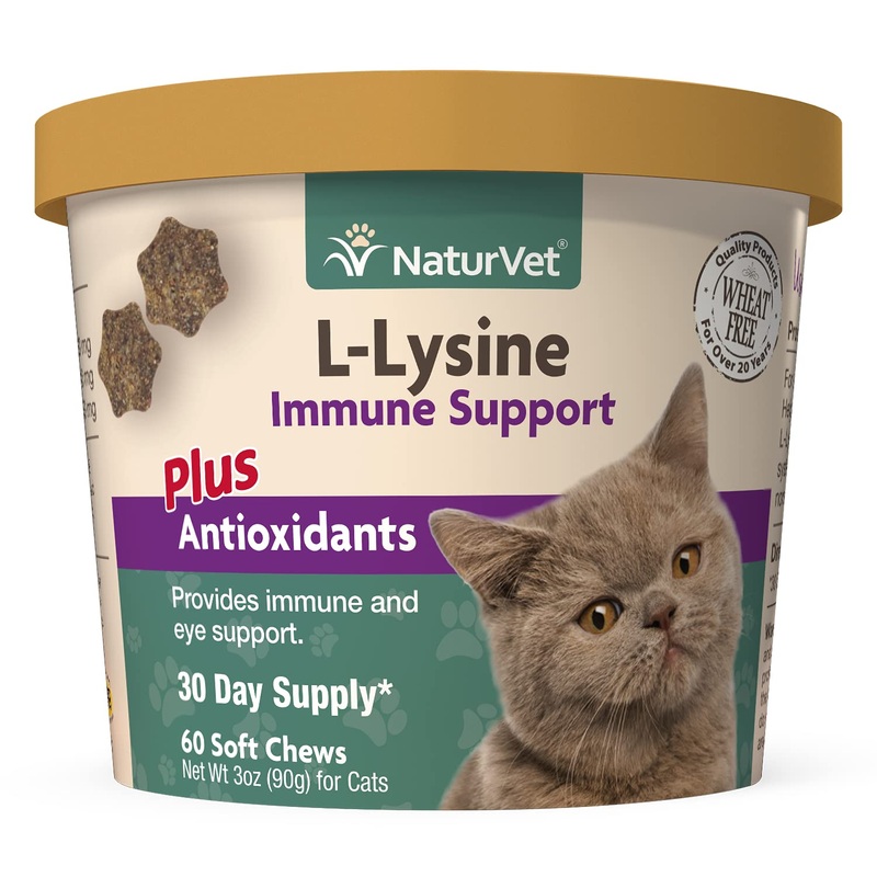 NaturVet L-Lysine Immune Support Plus Antioxidants Cat Supplement  Helps Support Eye Health, Immune System for Cats  Includes Amino Acids  60 Ct. Soft Chews, 30-Day Supply