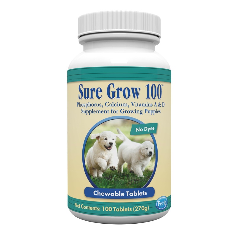 Pet-Ag Sure Grow 100 – Promotes Optimal Bone Development in Puppies Eight Weeks and Older – With Calcium, Phosphorus, and Vitamins A & D – 100 Chewable Tablets