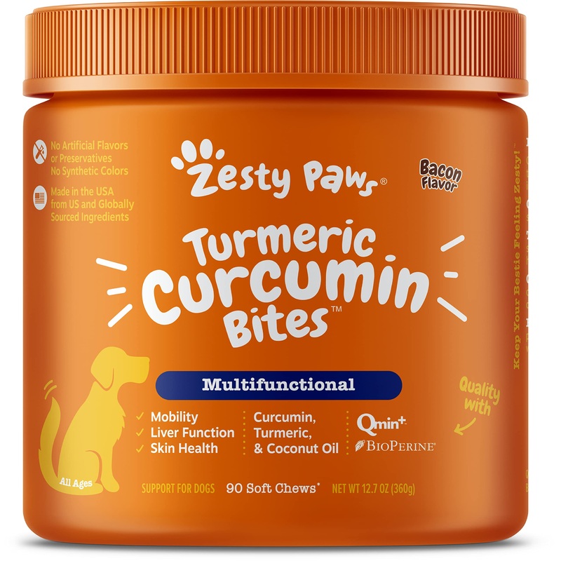 Zesty Paws Turmeric Curcumin for Dogs – for Hip & Joint Mobility Supports Canine Digestive Cardiovascular & Liver Health – Coconut Oil for Skin Health with 95% Curcuminoids + BioPerine Bacon, 90 Count 90 Count (Pack of 1)