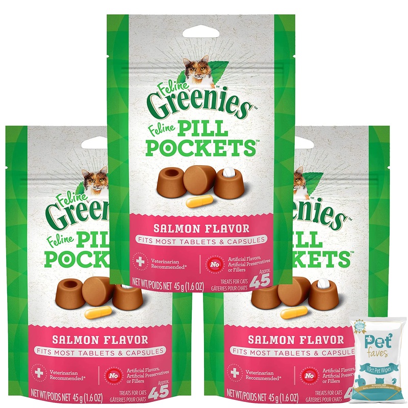 ( 3 Pack) Feline GREENIES Pill Pockets for Cats Natural Soft Cat Treats, Salmon 1.6 oz. (45 Treats Each) with 10ct Pet Wipes