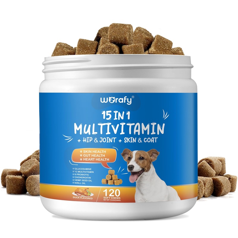 Dog Multivitamin Chewable with Glucosamine,15-in-1 Dog Multivitamin Supplements,Multivitamin for Dogs,Health Support – Dog Skin, Coat, Heart,for Dogs of All Ages and Breeds,120 Soft Chews Duck Flavor