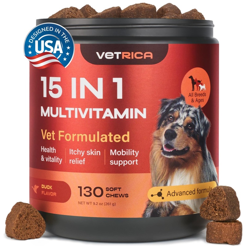 Dog Vitamins 15 in 1 – Dog Multivitamin Chews – Joint Supplement for Dogs – Dog Vitamins & Supplements for Hip & Joint, Immune System, Coat & Mobility – Itchy Skin Relief – Glucosamine Chondroitin 130 count