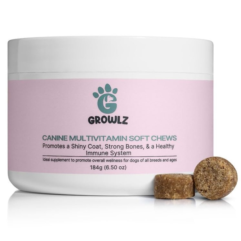 Growlz Dog Multivitamin Chews: Helps Digestion, Muscle and Bone Growth, Healthy Skin and Coat – Salmon Oil – Glucosamine – Gut and Immune Support – USA Made – 90 Count